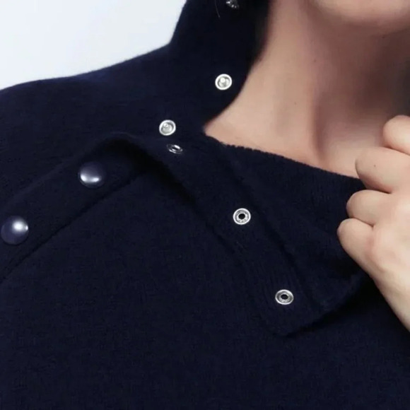 Zara  96% Merino Wool High Buttoned Collar Knit Sweater Navy Blue Size Medium - Picture 3 of 11
